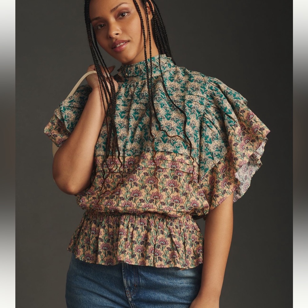 Anthropologie Floral Ruffle Sleeve Top - Multicolor